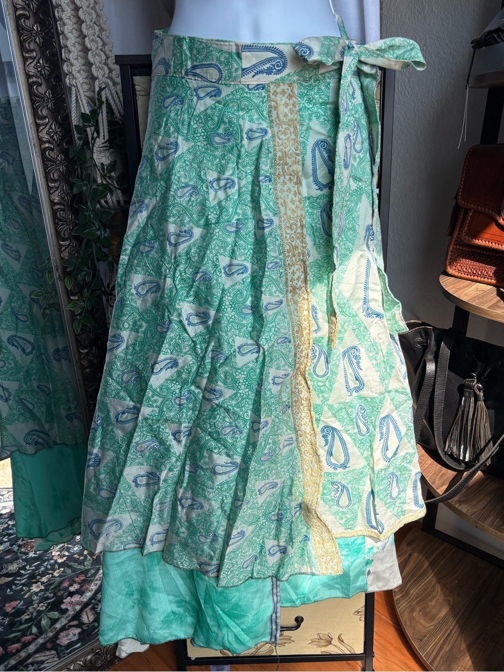 Rhea NWT Green Paisley Floral Double Layer Reversible Magic Wrap Skirt Maxi OS